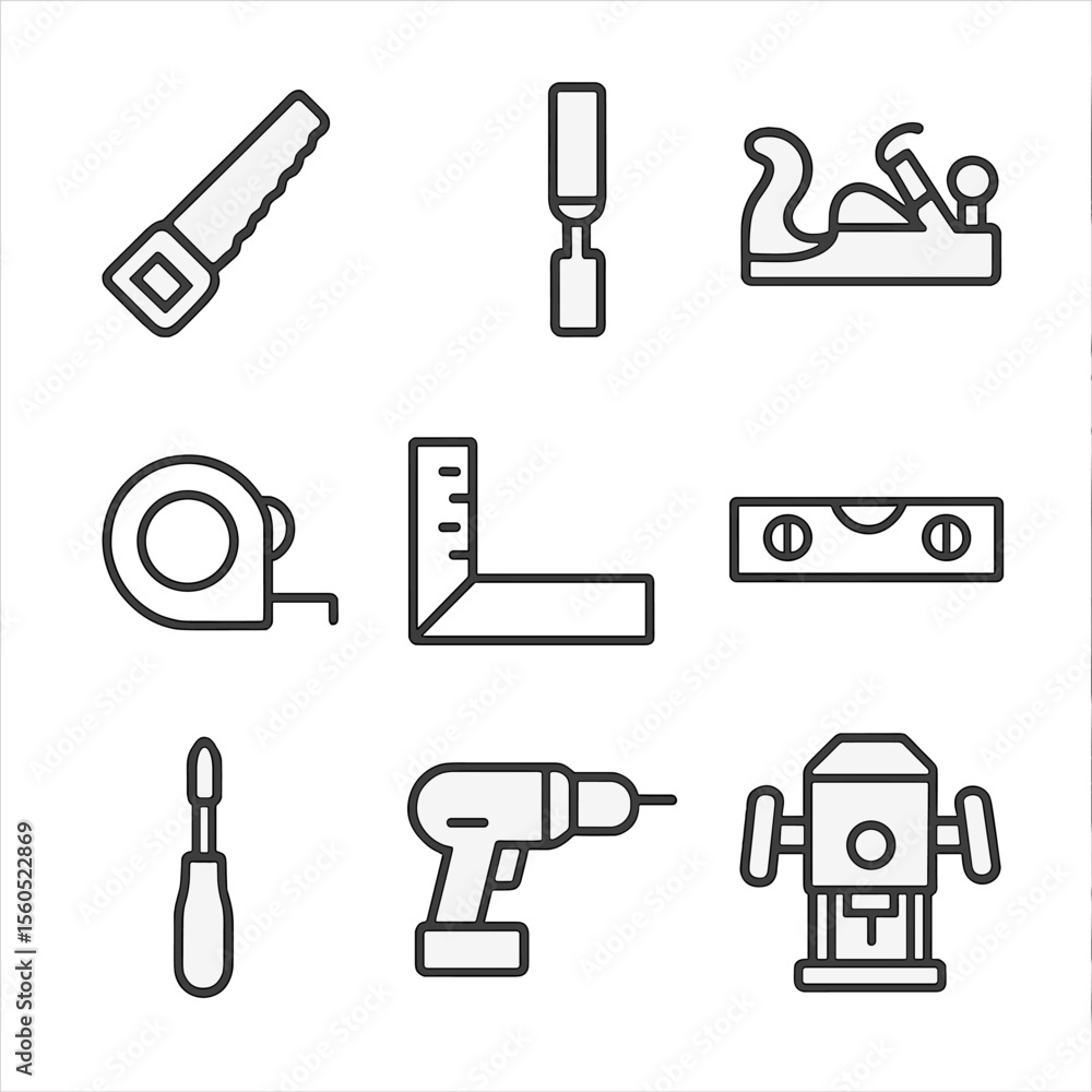 Poster carpentry icons grid. outline icon set of carpentry tools: saw, chisel, plane, measuring tape, squar