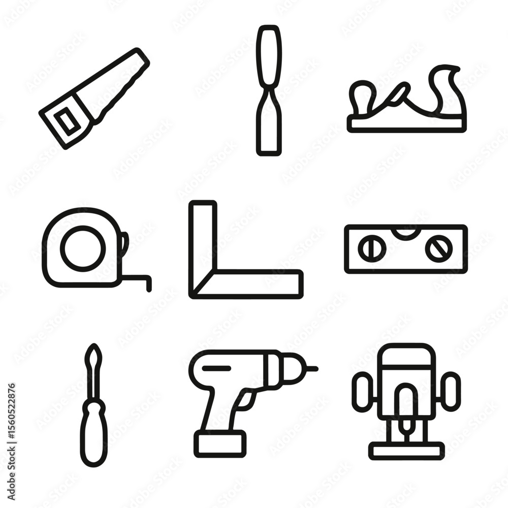 Poster carpentry icons grid. outline icon set of carpentry tools: saw, chisel, plane, measuring tape, squar