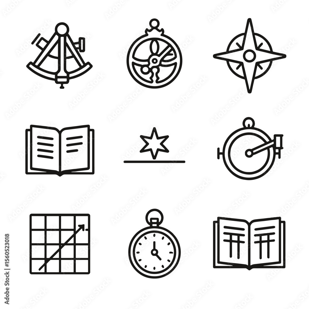 Poster celestial navigation icons. outline icon set of celestial navigation tools: sextant, astrolabe, naut