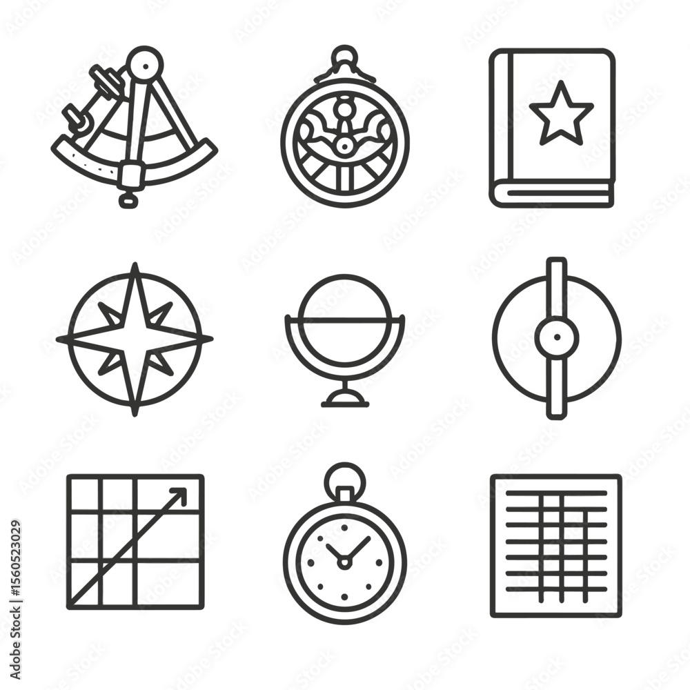 Poster celestial navigation icons. outline icon set of celestial navigation tools: sextant, astrolabe, naut