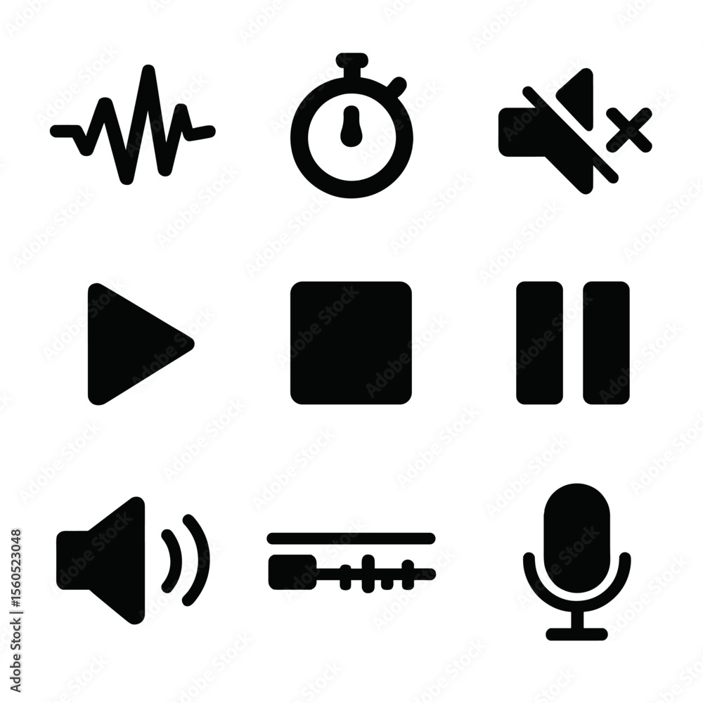 Poster audio recording icons. solid, filled icon set of audio recording processes: sound wave, recording ti