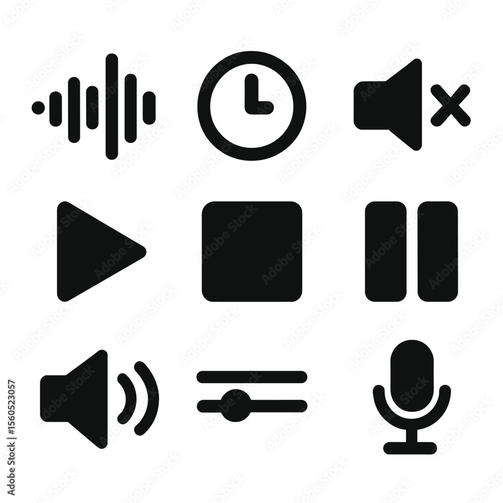 Poster audio recording icons. solid, filled icon set of audio recording processes: sound wave, recording ti