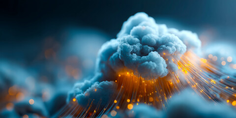 Animated Cloud Data Center Featuring Fiber Optics and Digital Processing Nodes in Corporate Tech Space