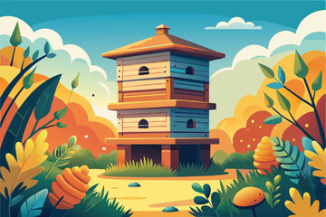 Bee Garden. A Vibrant Autumn Landscape with a Wooden Beehive