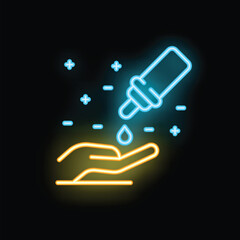 Neon sign representing a hand receiving a drop of liquid from a dropper bottle, ideal for topics like medicine, pharmaceuticals, and healthcare
