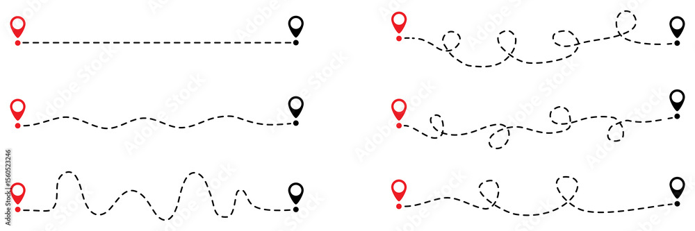 Poster dotted path with red and black location pin set. gps navigation concept. vector illustration isolate