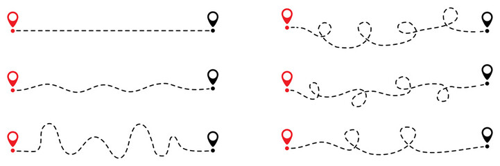 Dotted path with red and black location pin set. GPS navigation concept. Vector illustration isolated on white.