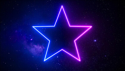 Bright neon star glowing in dark starry sky. Cosmic scene. Space and astronomy concept.