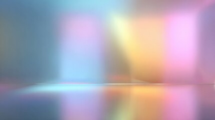 Abstract background with colorful pastel gradient and shimmering light reflections creating a serene and modern visual effect.