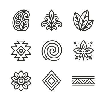 Black Icon Motif Set. Outline icon set of layered motifs: paisley overlay, damask scroll, botanical overlay, tribal print, ikat