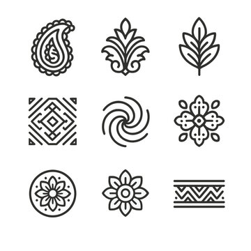 Black Icon Motif Set. Outline icon set of layered motifs: paisley overlay, damask scroll, botanical overlay, tribal print, ikat