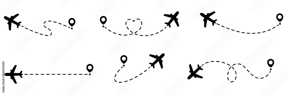 Poster airplanes routes with dotted line collection. flying planes path with start point. travel concept. v