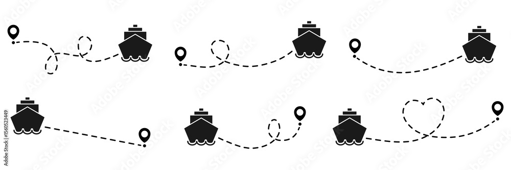 Poster ship routes with dotted line collection. ships path with start point. travel concept. vector illustr