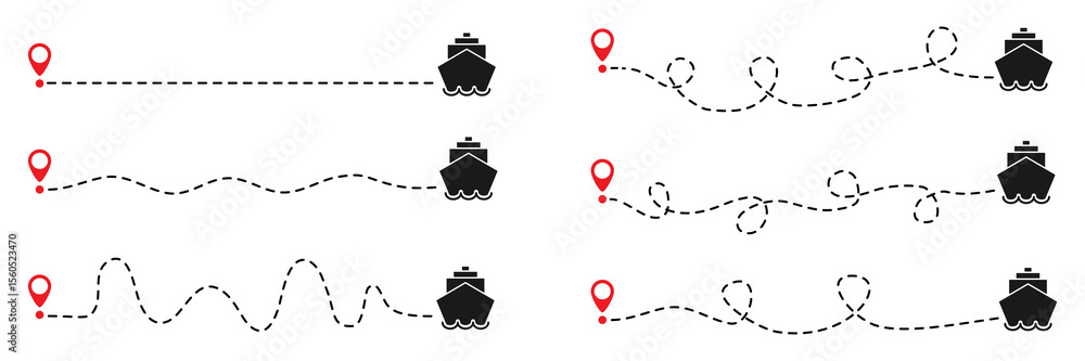 Poster ship routes with dotted line collection. ships path with red start point. travel concept. vector ill