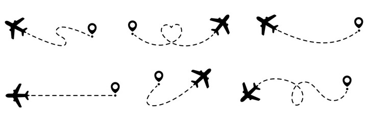 Airplanes routes with dotted line collection. Flying planes path with start point. Travel concept. Vector illustration isolated on white.