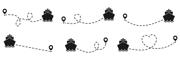Ship routes with dotted line collection. Ships path with start point. Travel concept. Vector illustration isolated on white.	