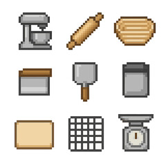 Bakery Tools Icons. Pixel art icon set of bakery tools: dough mixer, rolling pin, proofing basket, bench scraper, oven peel, dough