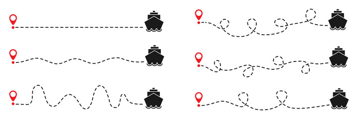 Ship routes with dotted line collection. Ships path with red start point. Travel concept. Vector illustration isolated on white.	