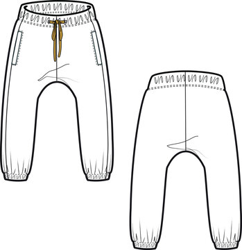 Full-length sweatpants featuring a detailed stitch design along the hem, perfect for a comfortable and stylish casual look. vector flat drawing. cad. 