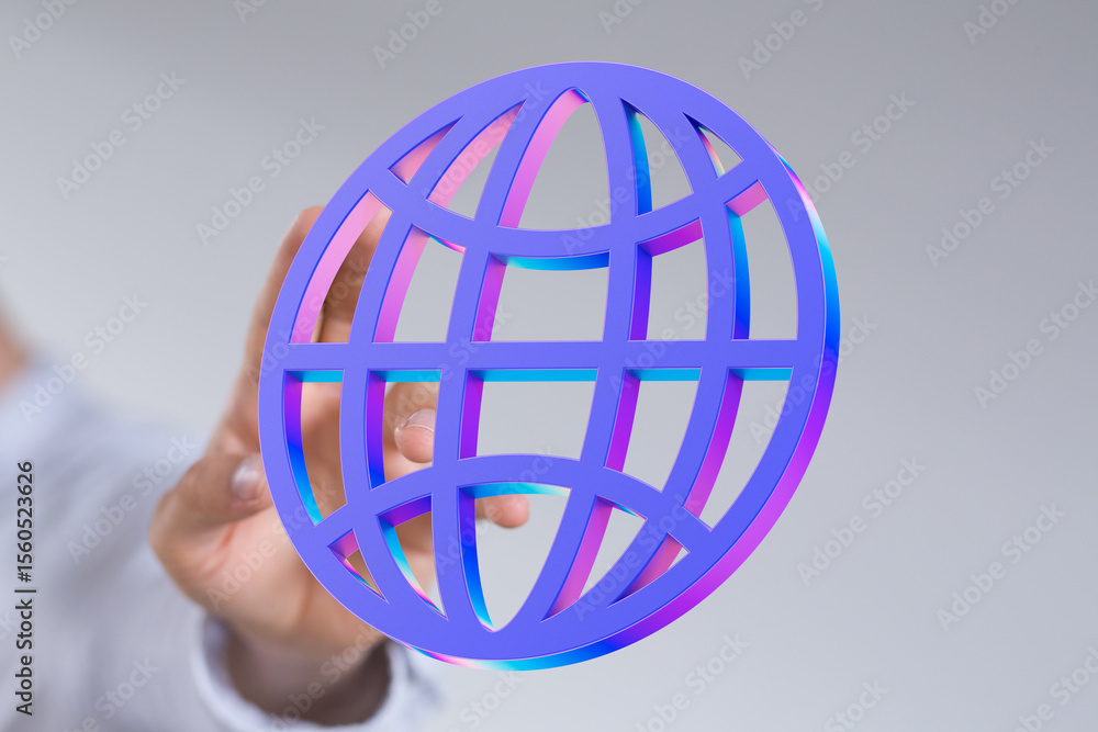 Poster Abstract image of a hand interacting with a vibrant 3D globe icon, symbolizing global connectivity and networking.