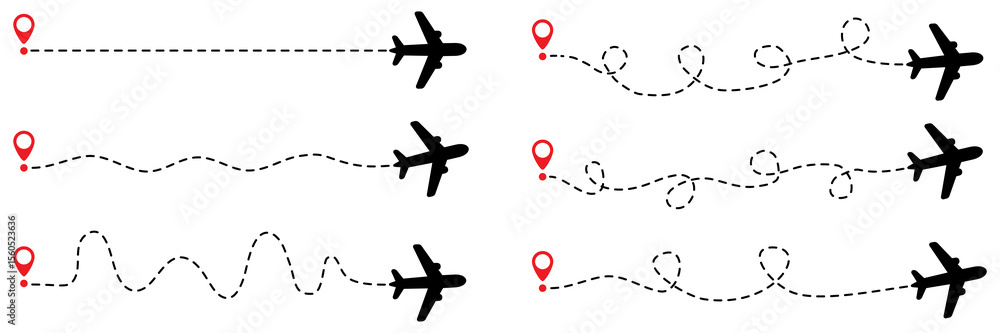 Poster airplane routes with dotted line collection. flying planes with red start point. travel concept. vec