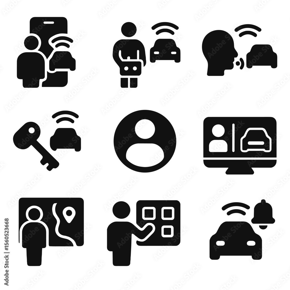 Poster autonomous vehicle icons. solid, filled icon set of user interaction with autonomous vehicles: mobil