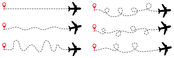 Airplane routes with dotted line collection. Flying planes with red start point. Travel concept. Vector illustration isolated on white.
