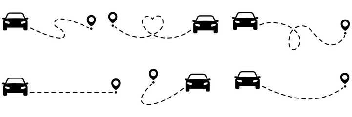 Car with dotted path and location pin set. Travel concept.  Logistic symbol. Vector illustration isolated on white.