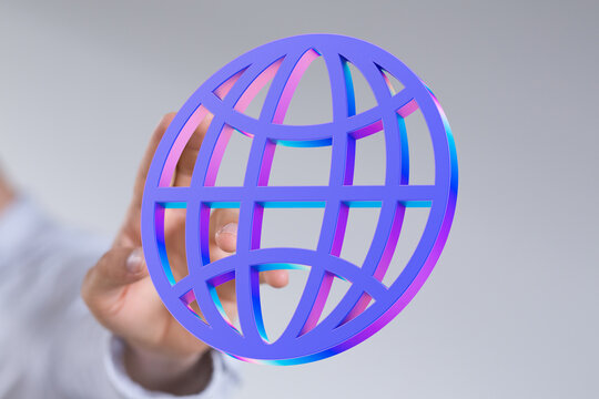 Abstract image of a hand interacting with a vibrant 3D globe icon, symbolizing global connectivity and networking. - Powered by Adobe