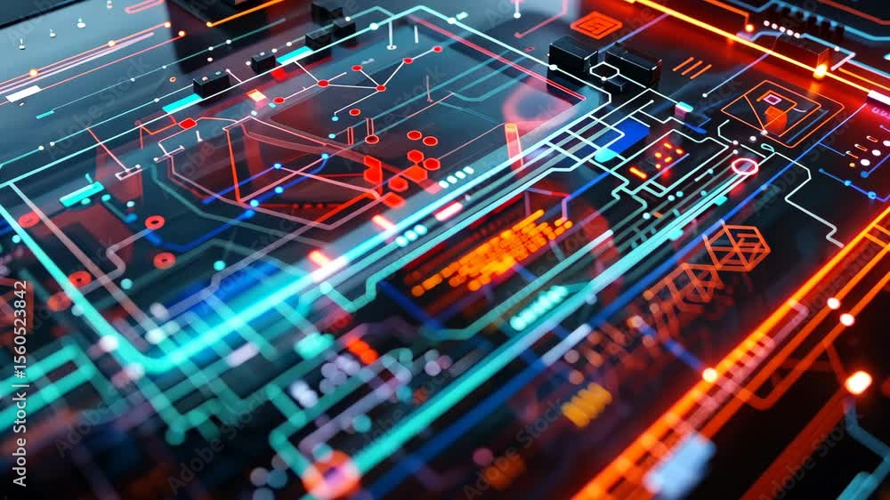 Poster closeup view of a futuristic transparent smart glass interface device displaying glowing data and a 