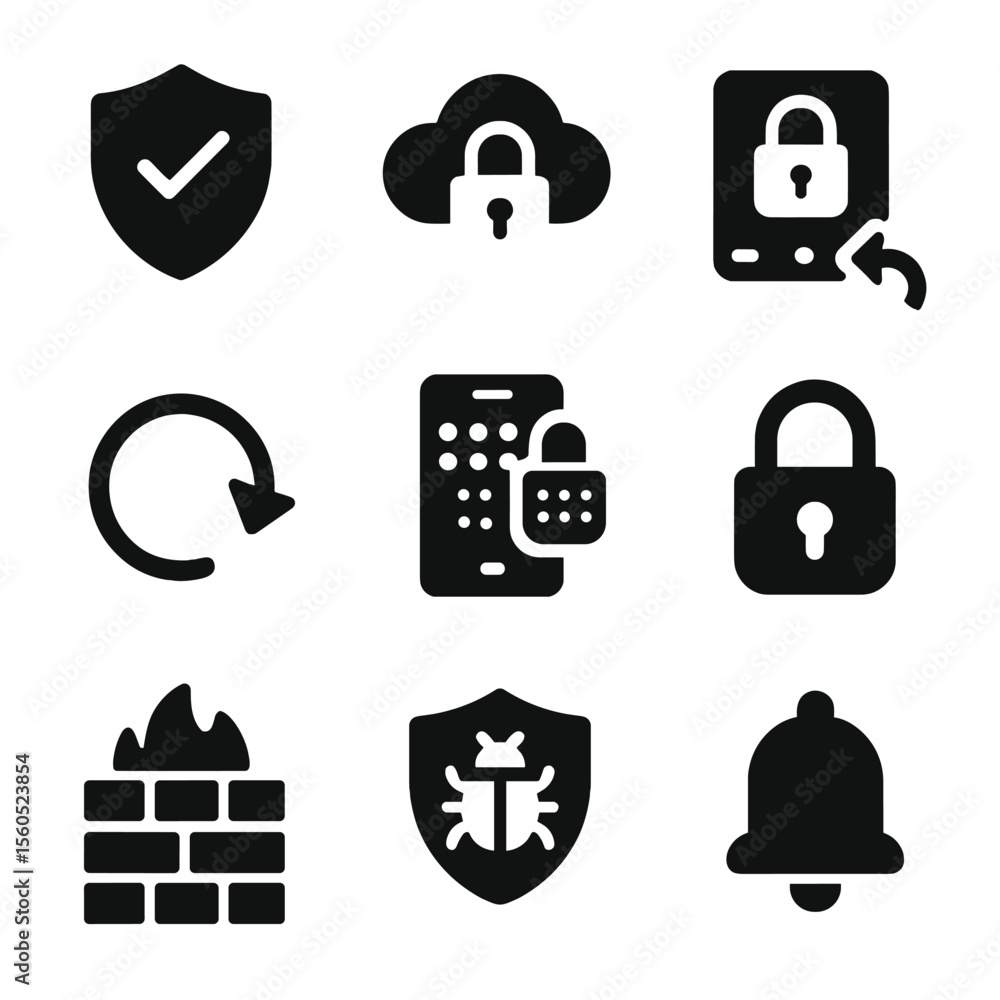Poster backup security icons. solid, filled icon set of backup and security: shield check, cloud lock, secu