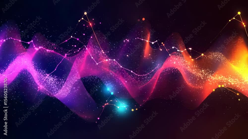 Poster abstract flowing light wave with particles and connecting lines in vibrant colors