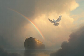 Noah's Ark in Single Sunbeam at Dawn, White Dove with Olive Branch Flying to Storm Center, Distant Rainbow Misty Atmosphere, Minimalist Symbolism Muted Golden Digital Art