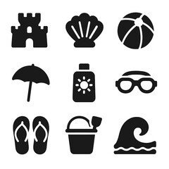 Beach Adventure Icons. Solid, Filled icon set of beach day adventures: sandcastle bucket, shell collection, beach ball, sun