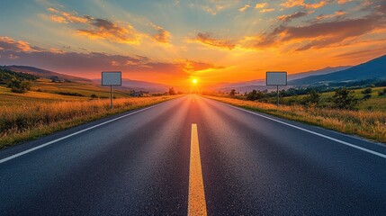 Asphalt road leading towards a breathtaking sunset with mountains and clouds framing the horizon, offering a scenic perspective of nature and travel
