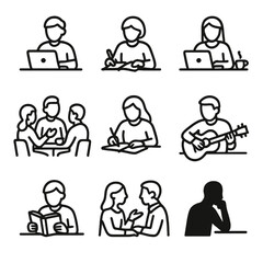 Coffeehouse Icon Set. Outline icon set of Coffeehouse Patrons: student with laptop, writer with notebook, remote worker, group