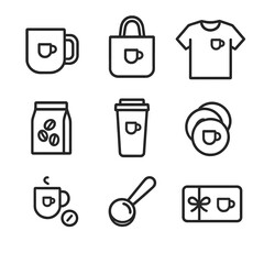 Coffeehouse Merchandise Icons. Outline icon set of Coffeehouse Merchandise: branded mug, tote bag, T-shirt, coffee beans bag,