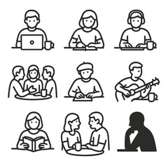 Coffeehouse Icon Set. Outline icon set of Coffeehouse Patrons: student with laptop, writer with notebook, remote worker, group