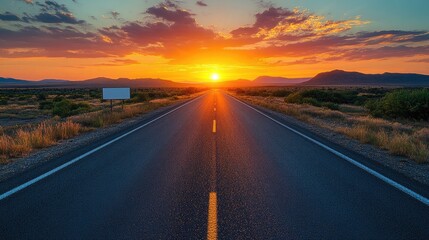 A vast desert road stretches toward a vibrant sunset, promising adventure and travel, showcasing the beauty of the American landscape with clear skies and distant mountains.