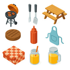 Backyard BBQ Icons. Isometric Flat icon set of couple barbecuing in a farm backyard: charcoal grill, tongs, grill spatula, picnic