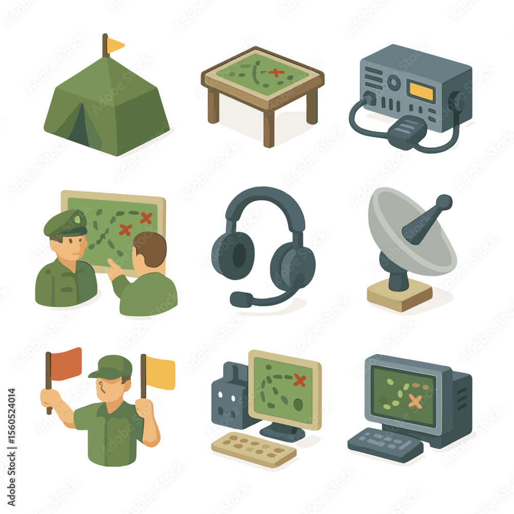 Poster command center icons. isometric flat icon set of command and control center: command tent, tactical 