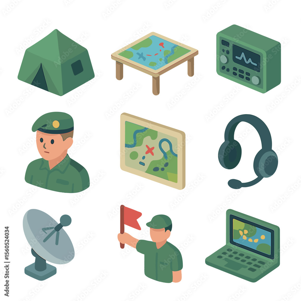 Poster command center icons. isometric flat icon set of command and control center: command tent, tactical 