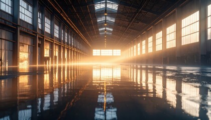 Obraz premium Tranquil Waterlogged Warehouse Interior Bathed in Dawn Light