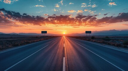 A scenic open road stretches towards a vibrant sunset, offering a sense of freedom, travel, and possibilities with captivating clouds, blue sky, and inviting highway.