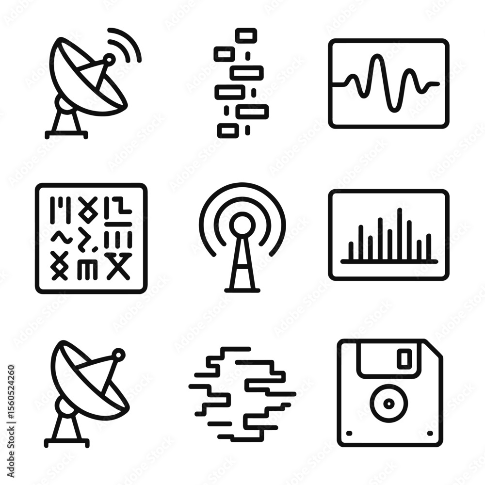 Poster cosmic signal icon set. outline icon set of cosmic signal archaeology: radio telescope, data stream,