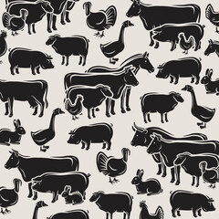 Farm animals background, pattern set. Collection icons farm animals. Vector