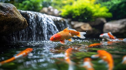 Vibrant koi swim in a serene pond, a tranquil scene with a gentle waterfall cascading over mossy rocks and lush greenery in the background, offering a peaceful aquatic vista.