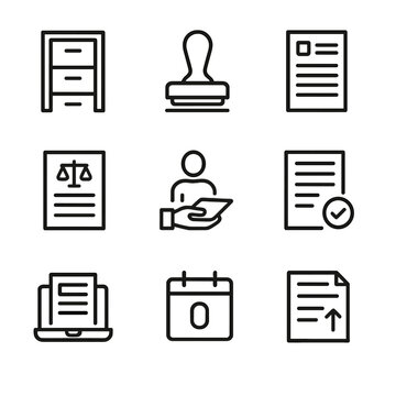 Court Filing Icons. Outline icon set of Court Filings and Procedures: filing cabinet, court clerk stamp, docket sheet, summons