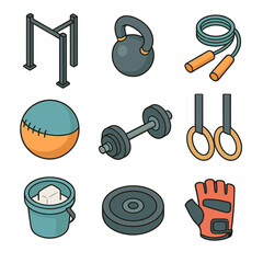 CrossFit Gear Icons. Isometric Flat icon set of CrossFit gear: pull-up bar, kettlebell, jump rope, wall ball, barbell, gymnastic