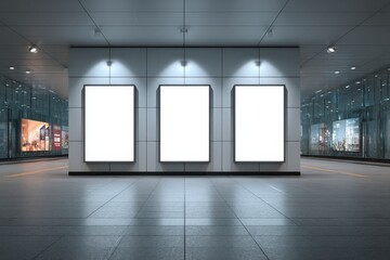 Modern empty interior space with three blank vertical billboards, ideal for advertising mockups in a futuristic station or concourse setting.